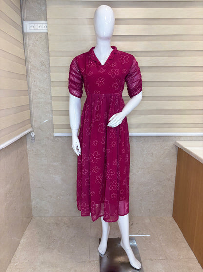 Magenta Pink Outline Floral Print Non-Feeding Maxi
