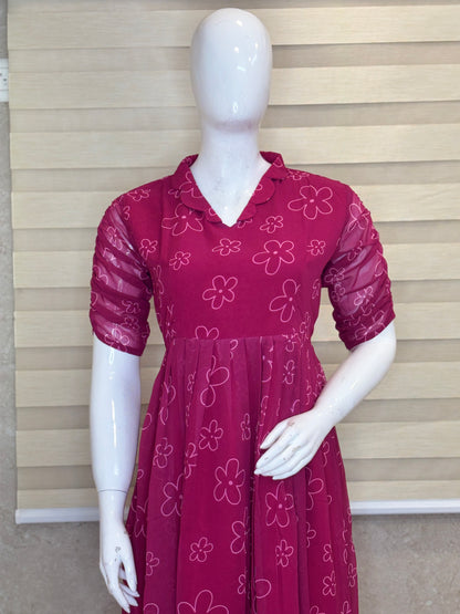 Magenta Pink Outline Floral Print Non-Feeding Maxi