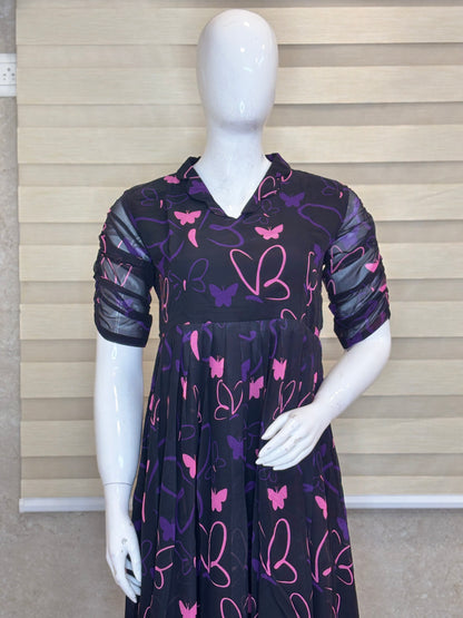 Black Butterfly & Heart Print Non-Feeding Maxi