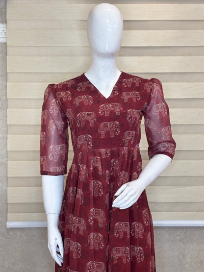 Maroon Elephant Print Non-Feeding Maxi