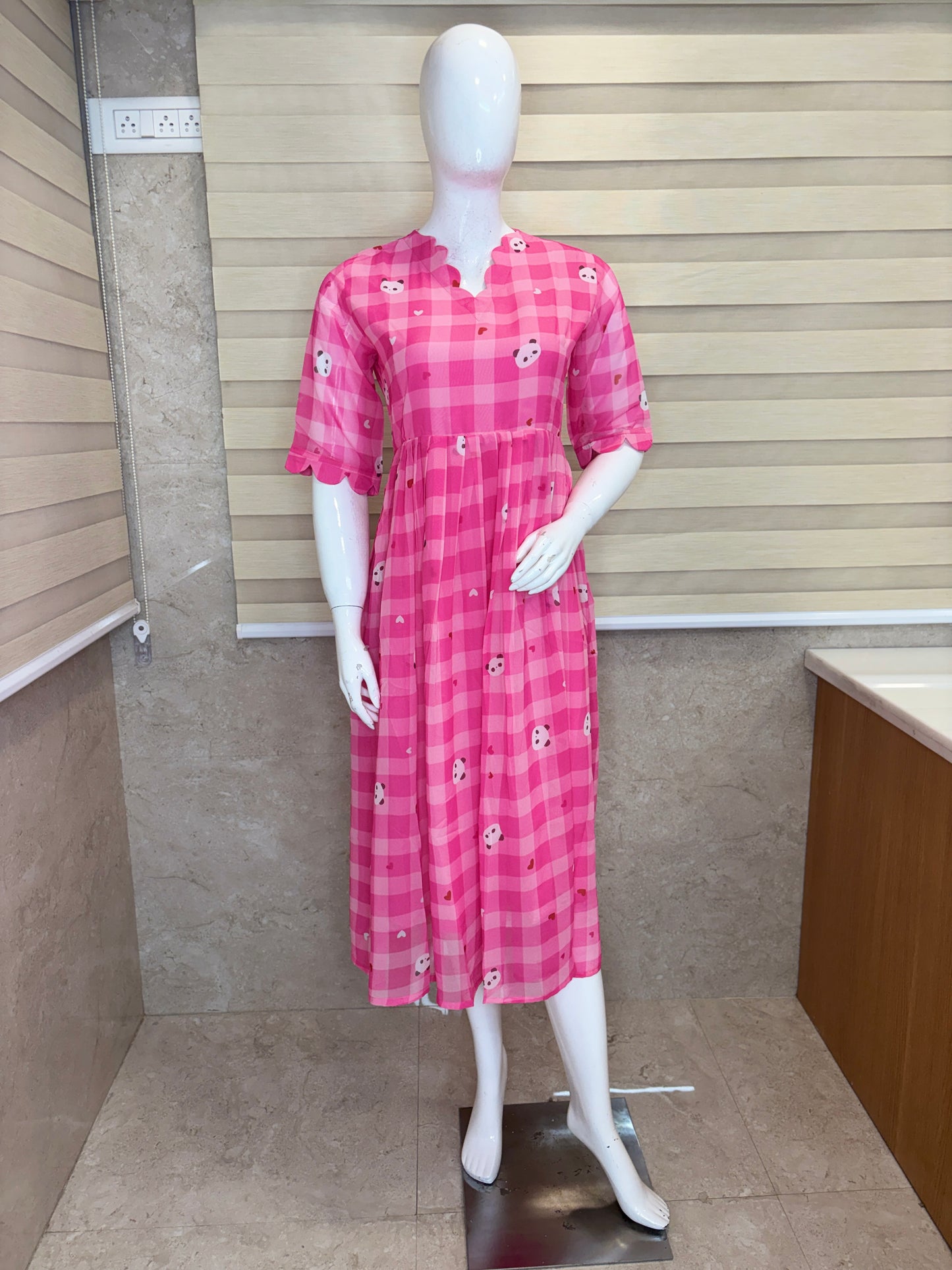 Candy Pink Teddy Gingham Check Print Non-Feeding Maxi