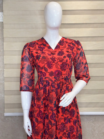 Brick Red Floral Vine Print Non-Feeding Maxi