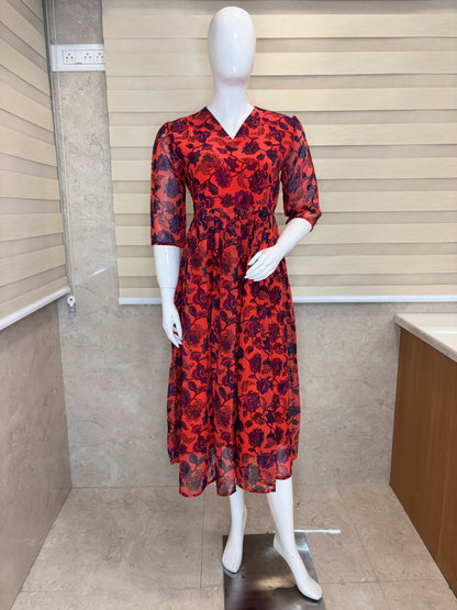 Brick Red Floral Vine Print Non-Feeding Maxi