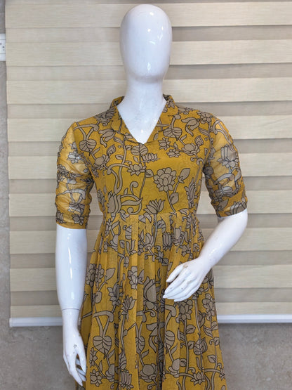 Mustard Yellow Floral Vine Sketch Print Non-Feeding Maxi