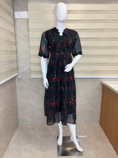 Charcoal Black Vintage Floral Motif Print Non-Feeding Maxi
