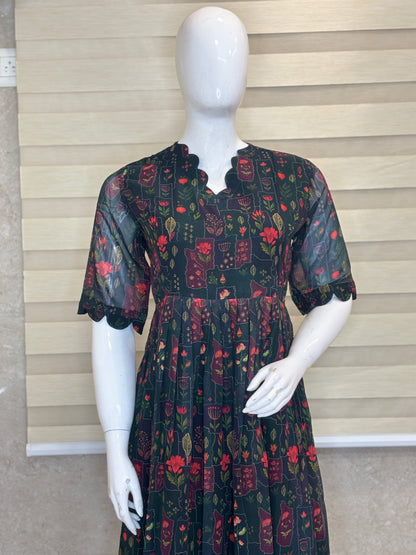 Charcoal Black Vintage Floral Motif Print Non-Feeding Maxi