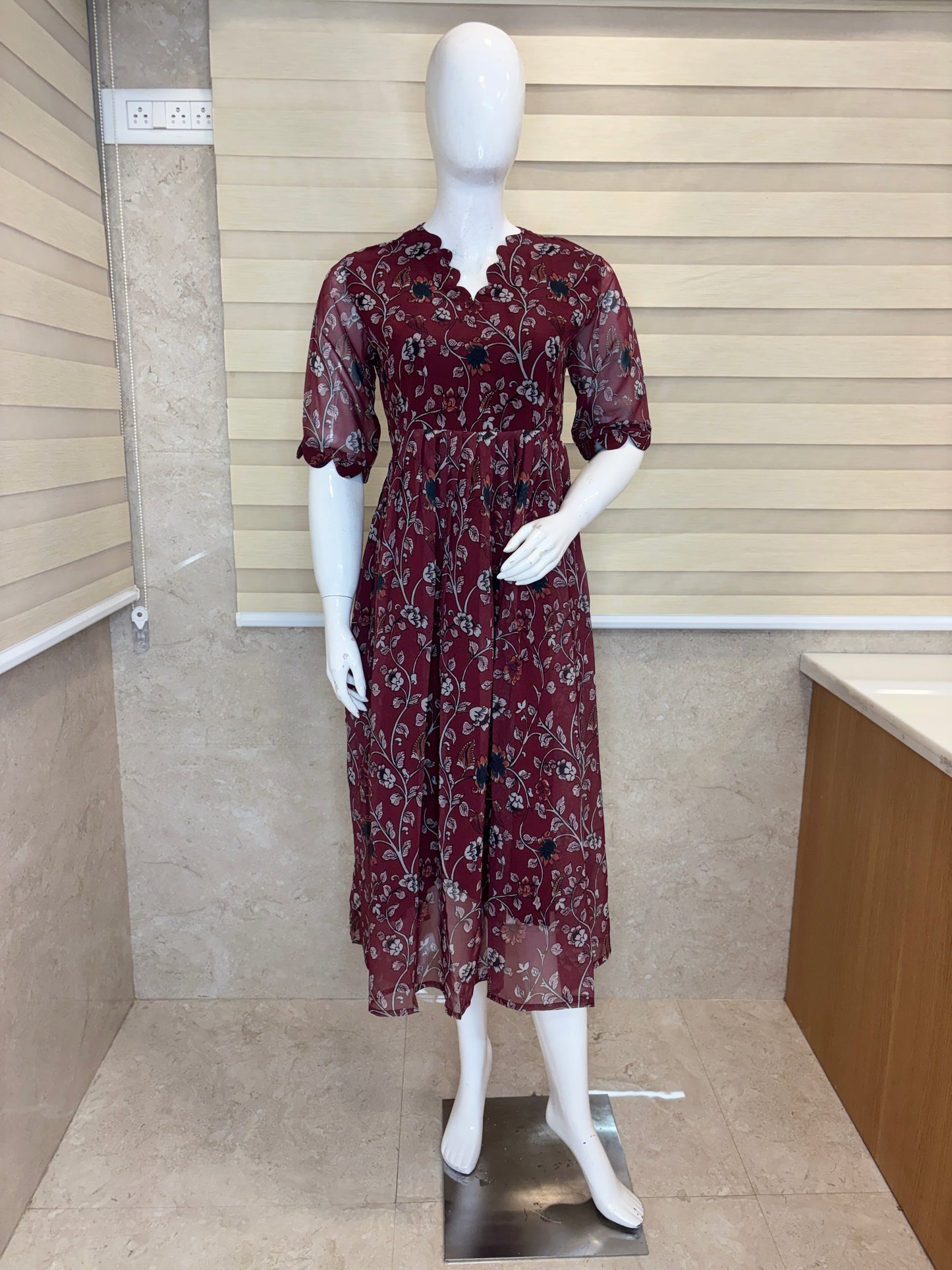 Wine Maroon Delicate Floral Vine Print Non-Feeding Maxi