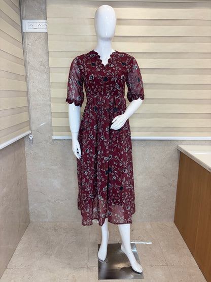 Wine Maroon Delicate Floral Vine Print Non-Feeding Maxi