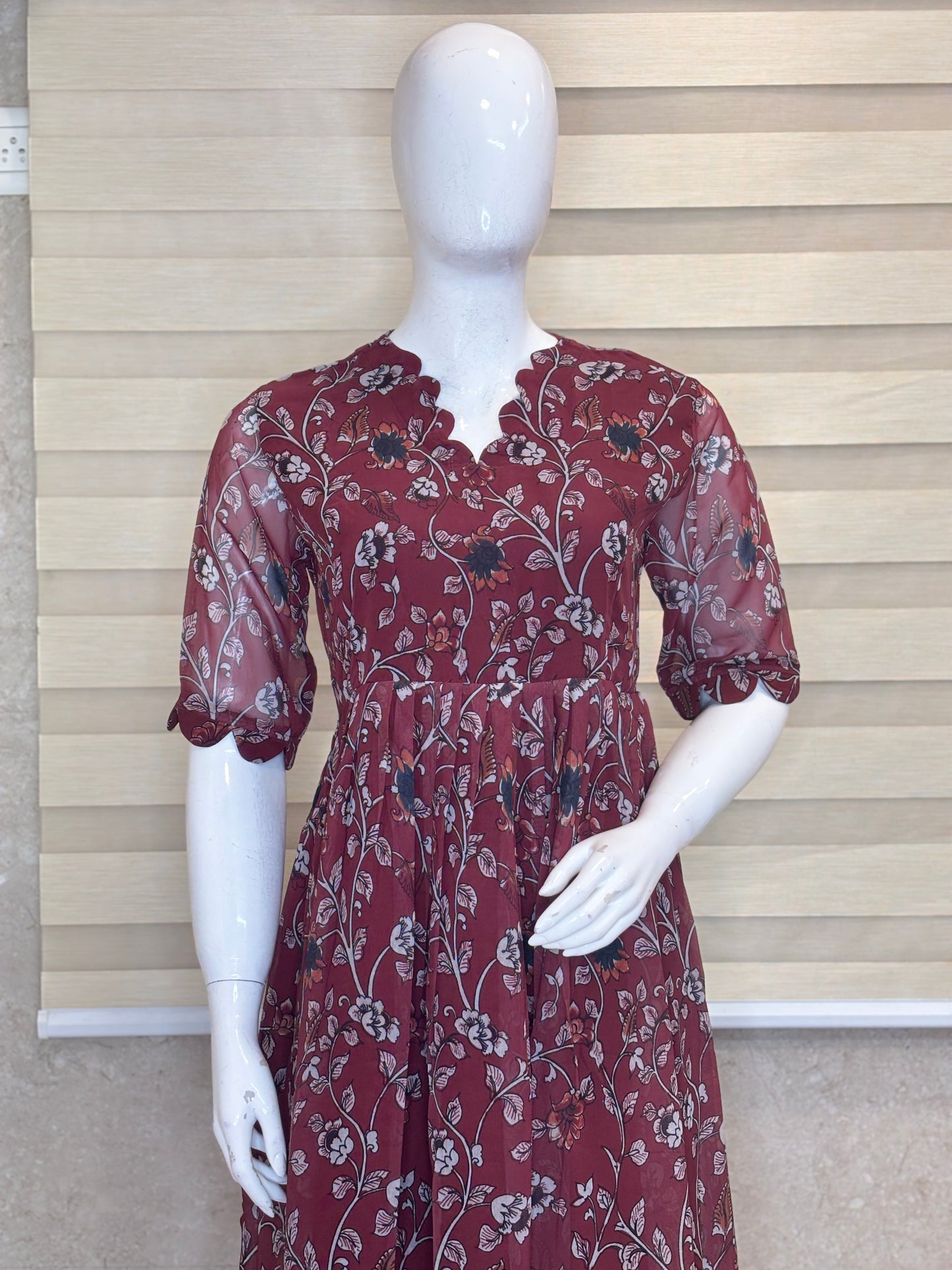 Wine Maroon Delicate Floral Vine Print Non-Feeding Maxi