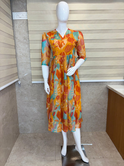 Sunset Orange Abstract Tropical Fruit Print Non-Feeding Maxi