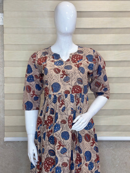 Mul Cotton Fabric Beige Blue Floral Print Non Feeding Maxi