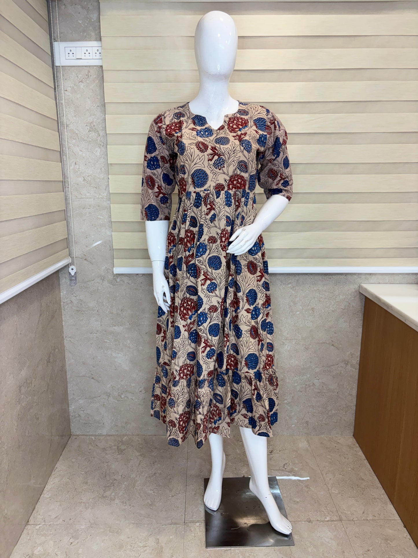 Mul Cotton Fabric Beige Blue Floral Print Non Feeding Maxi