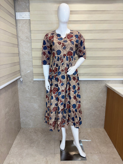Mul Cotton Fabric Beige Blue Floral Print Non Feeding Maxi