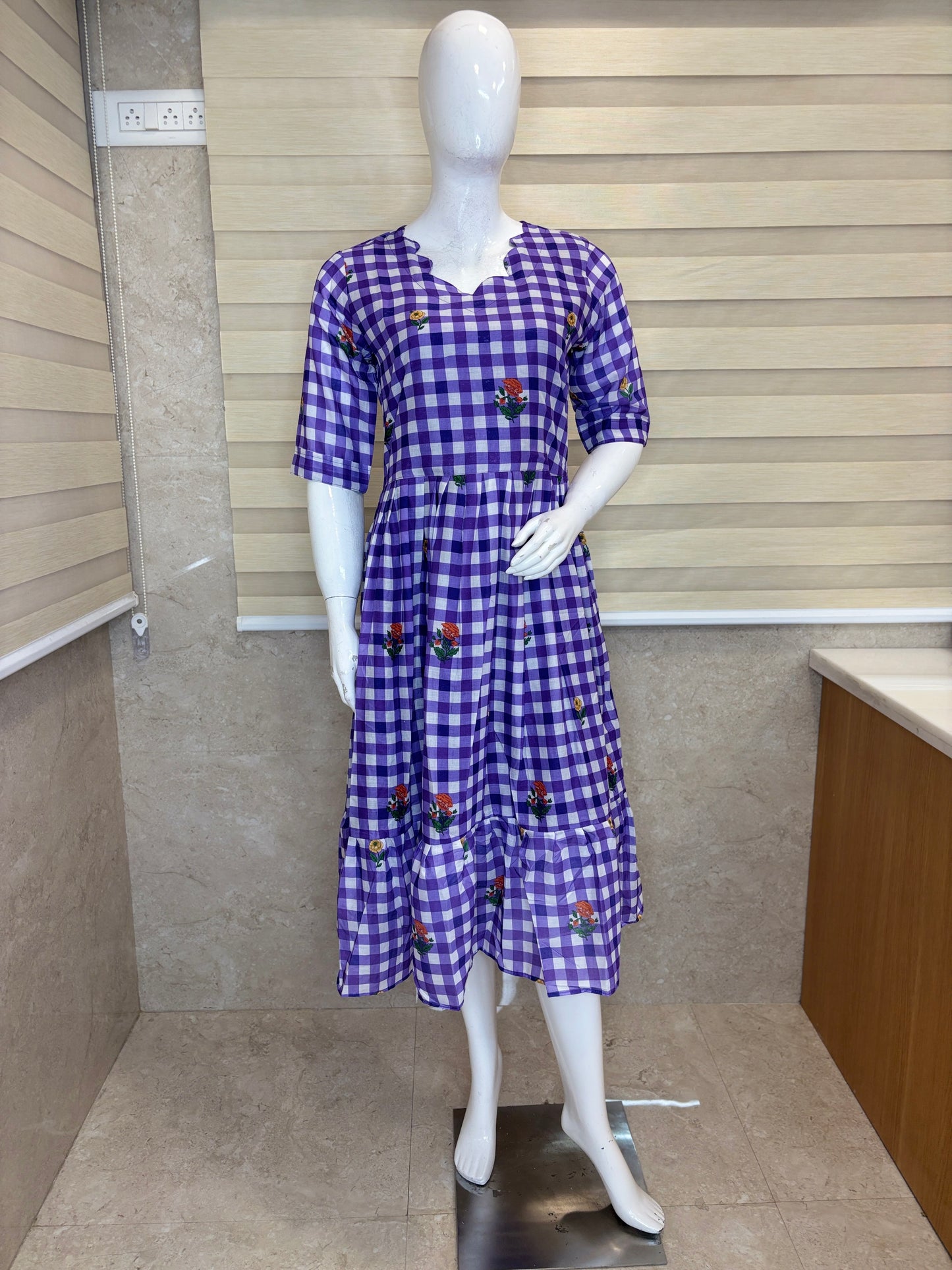 Mul Cotton Fabric Lavender Purple Floral Gingham Check Print Non-Feeding Maternity Maxi