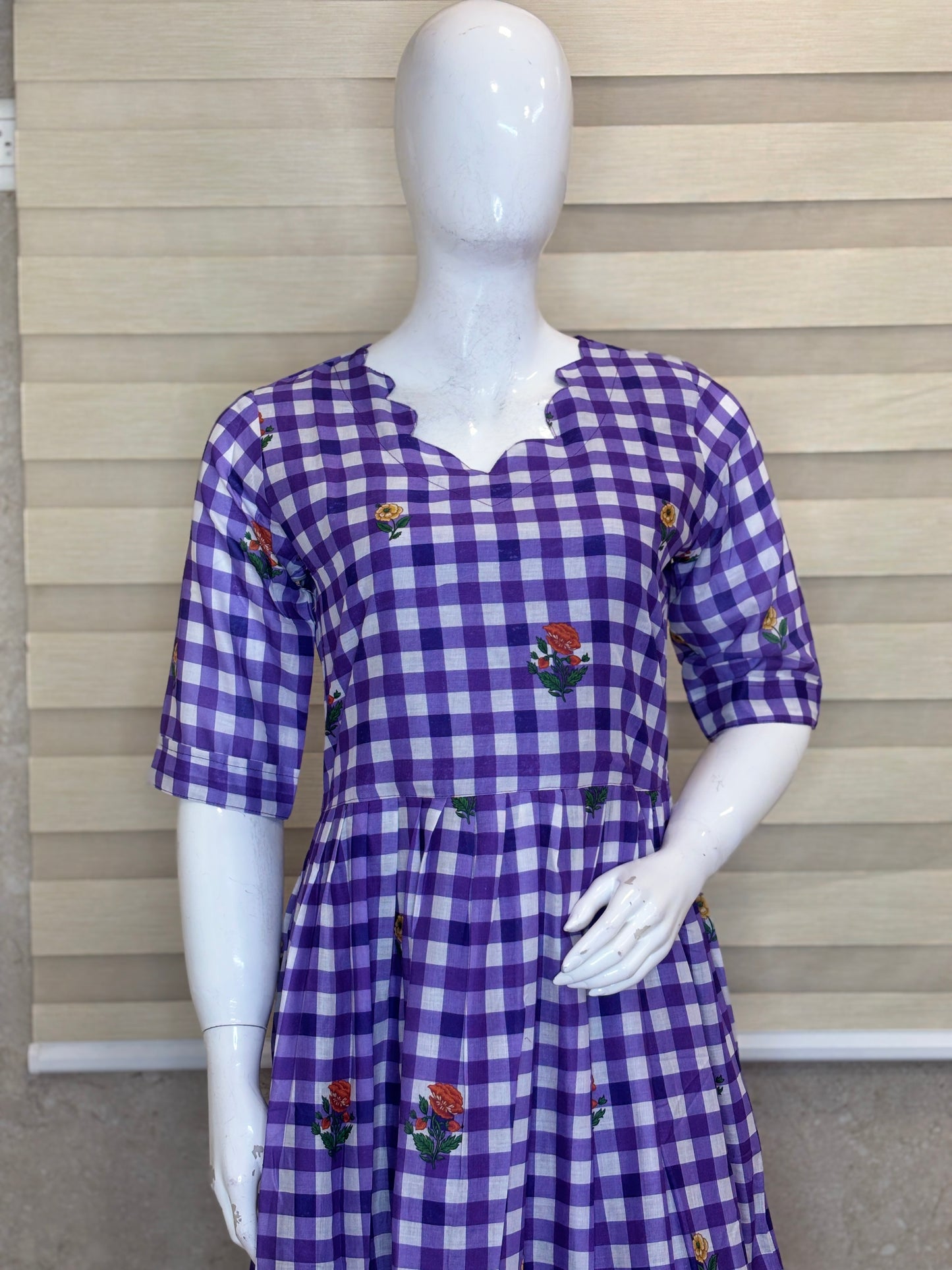 Mul Cotton Fabric Lavender Purple Floral Gingham Check Print Non-Feeding Maternity Maxi