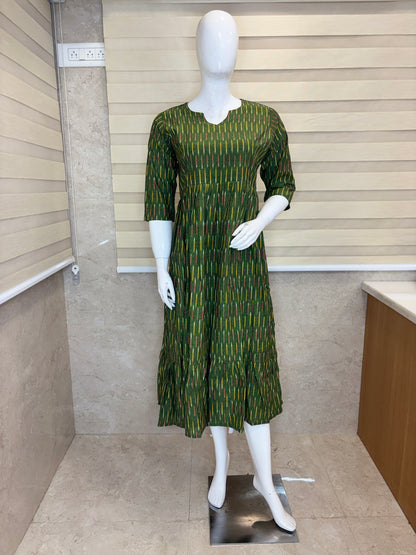 Mul Cotton Fabric Olive Green Ikat Dash Print Non-Feeding Maternity Maxi