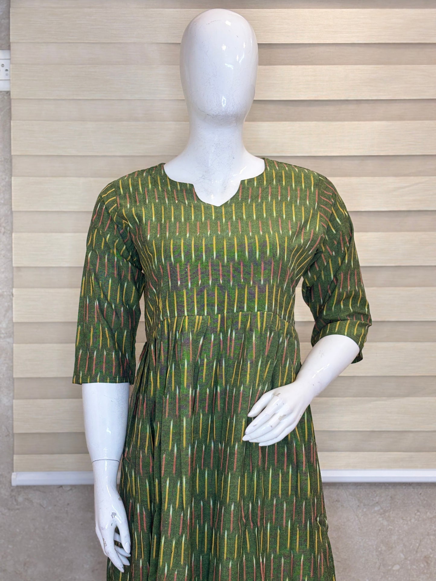 Mul Cotton Fabric Olive Green Ikat Dash Print Non-Feeding Maternity Maxi
