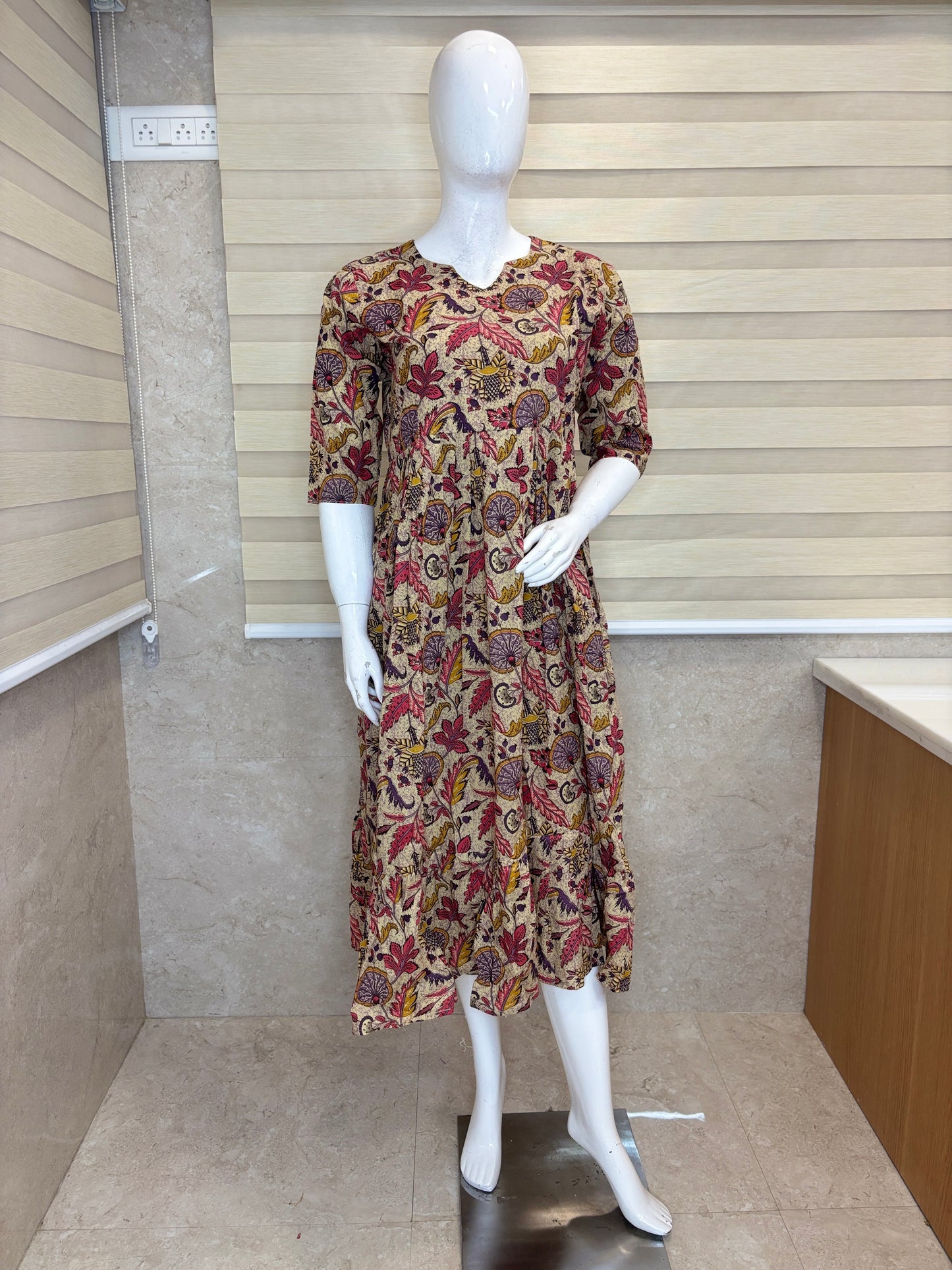 Mul Cotton Fabric Beige Botanical Leaf Print Non Feeding Maxi