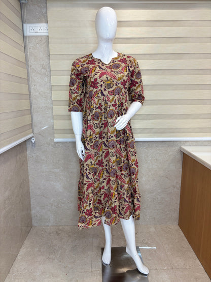 Mul Cotton Fabric Beige Botanical Leaf Print Non Feeding Maxi