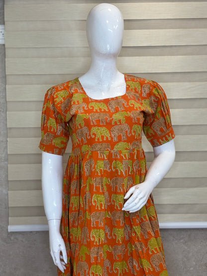 Mul Cotton Fabric Orange Elephant Print Non Feeding Maxi