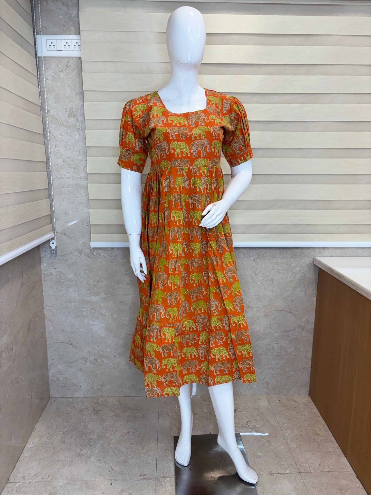 Mul Cotton Fabric Orange Elephant Print Non Feeding Maxi