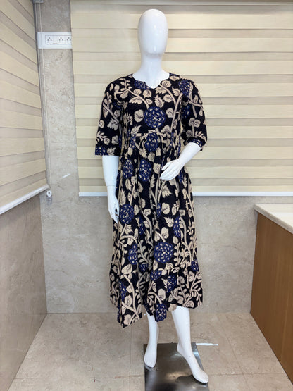 Mul Cotton Fabric Black & Royal Blue Floral Print Non-Feeding Maternity Maxi