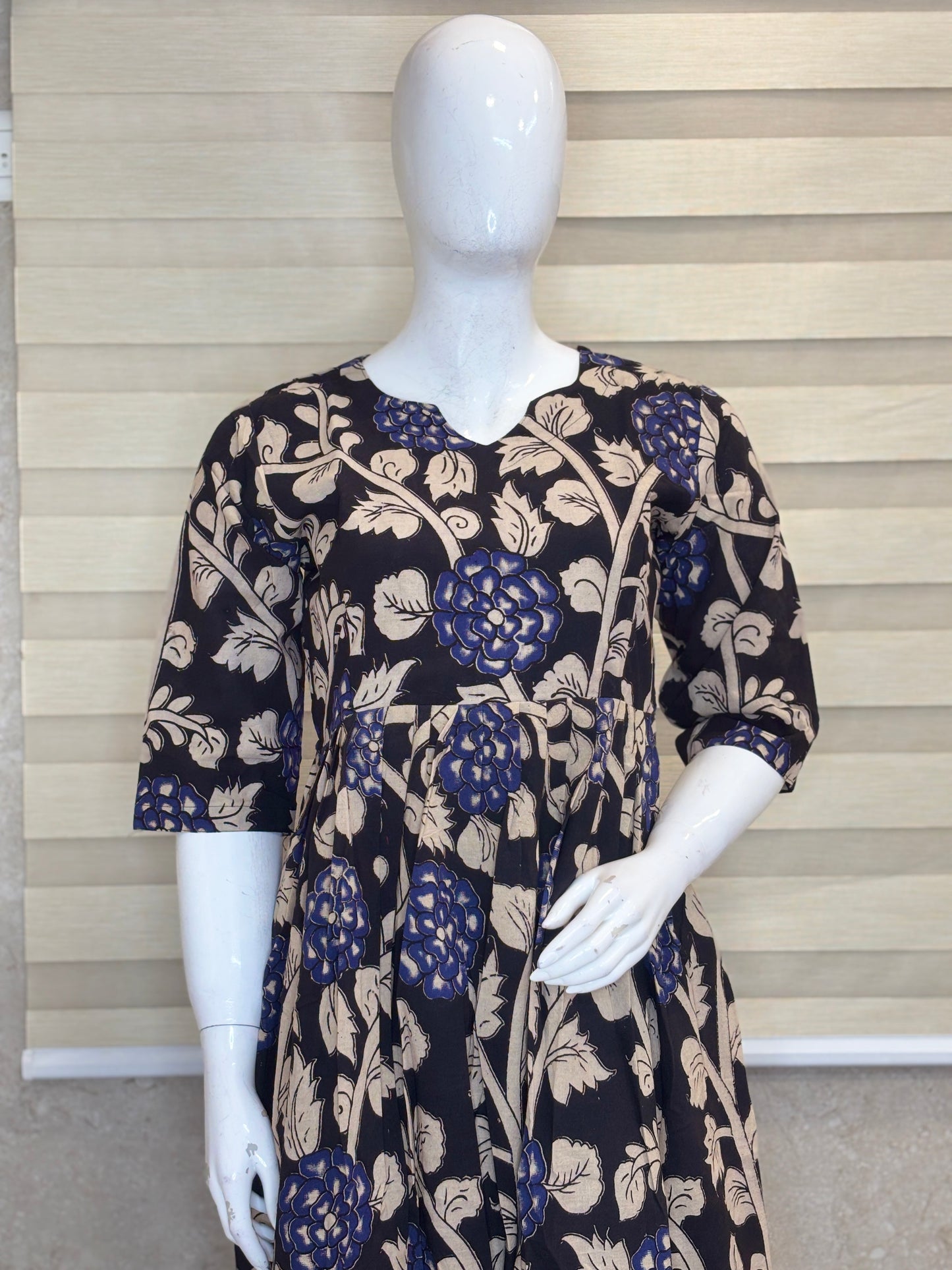 Mul Cotton Fabric Black & Royal Blue Floral Print Non-Feeding Maternity Maxi