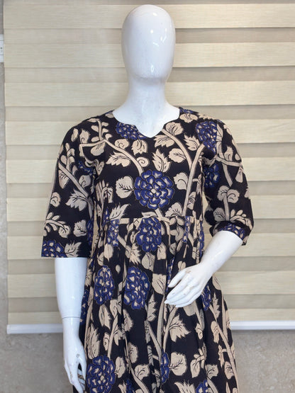Mul Cotton Fabric Black & Royal Blue Floral Print Non-Feeding Maternity Maxi