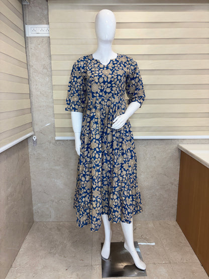 Mul Cotton Fabric Royal Blue Floral Paisley Print Non Feeding Maxi