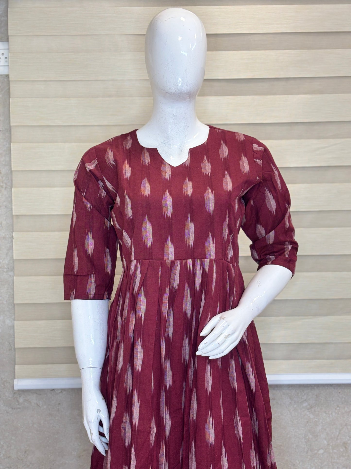 Mul Cotton Fabric Wine Maroon Ivory Ikat Print Non-Feeding Maternity Maxi