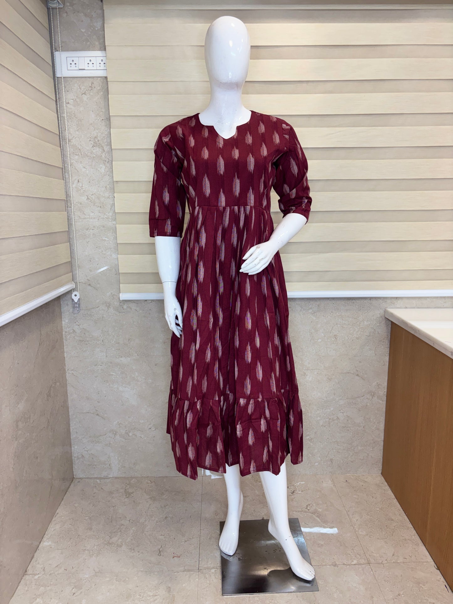 Mul Cotton Fabric Wine Maroon Ivory Ikat Print Non-Feeding Maternity Maxi