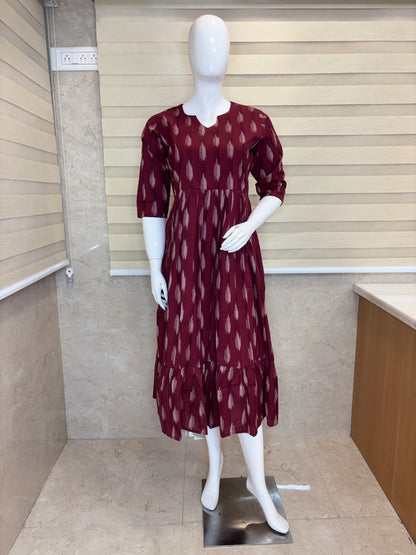 Mul Cotton Fabric Wine Maroon Ivory Ikat Print Non-Feeding Maternity Maxi
