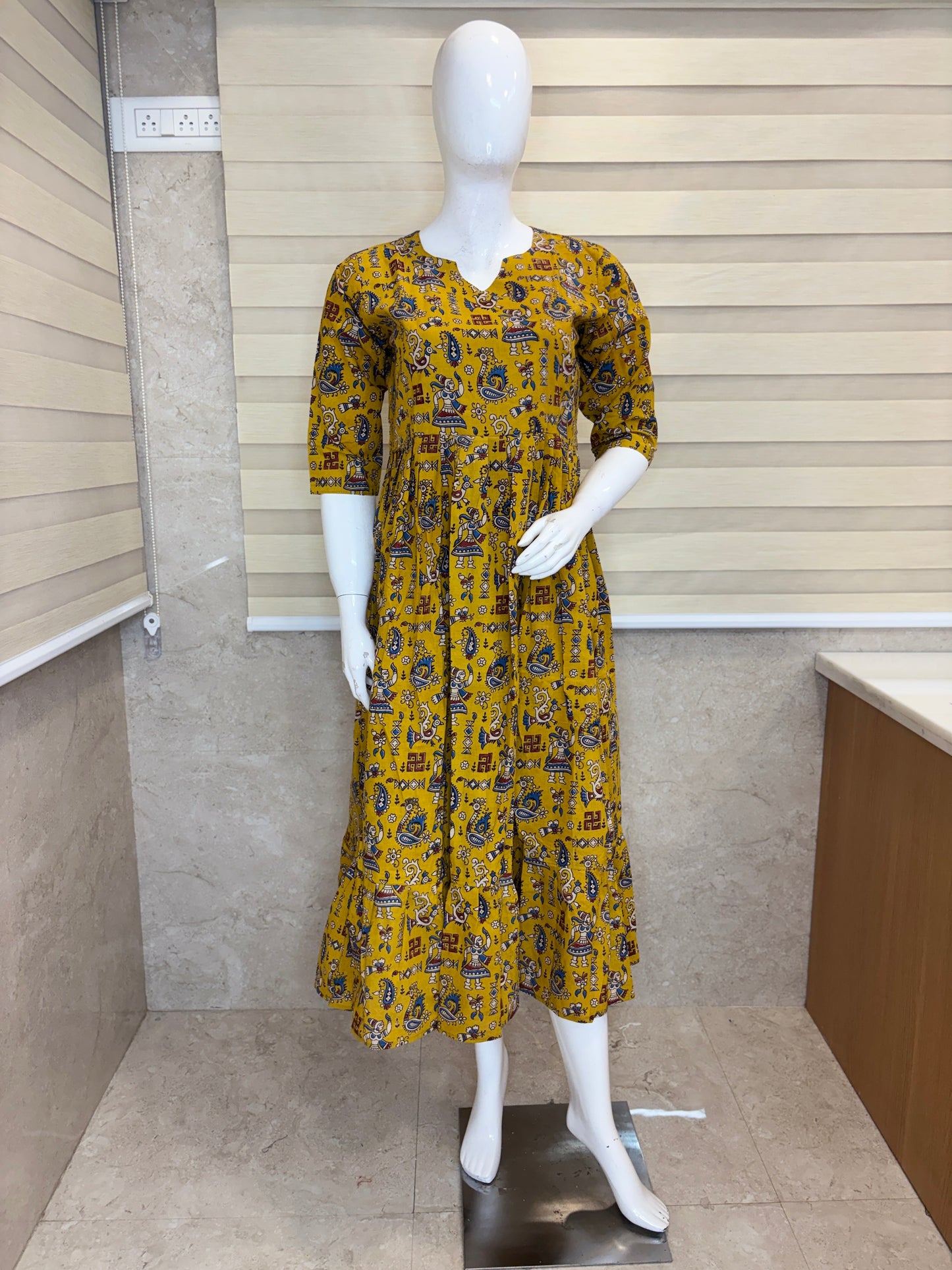 Mul Cotton Fabric Mustard Yellow Folk Art Kalamkari Print Non-Feeding Maternity Maxi