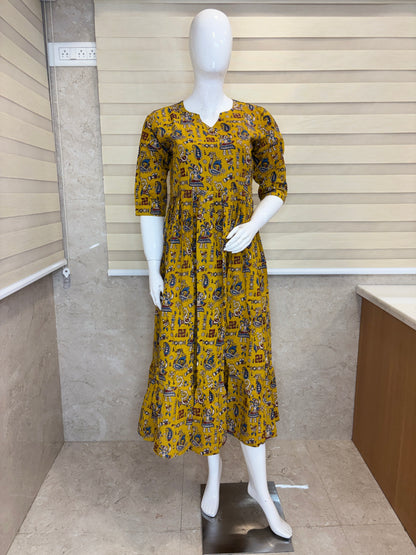 Mul Cotton Fabric Mustard Yellow Folk Art Kalamkari Print Non-Feeding Maternity Maxi