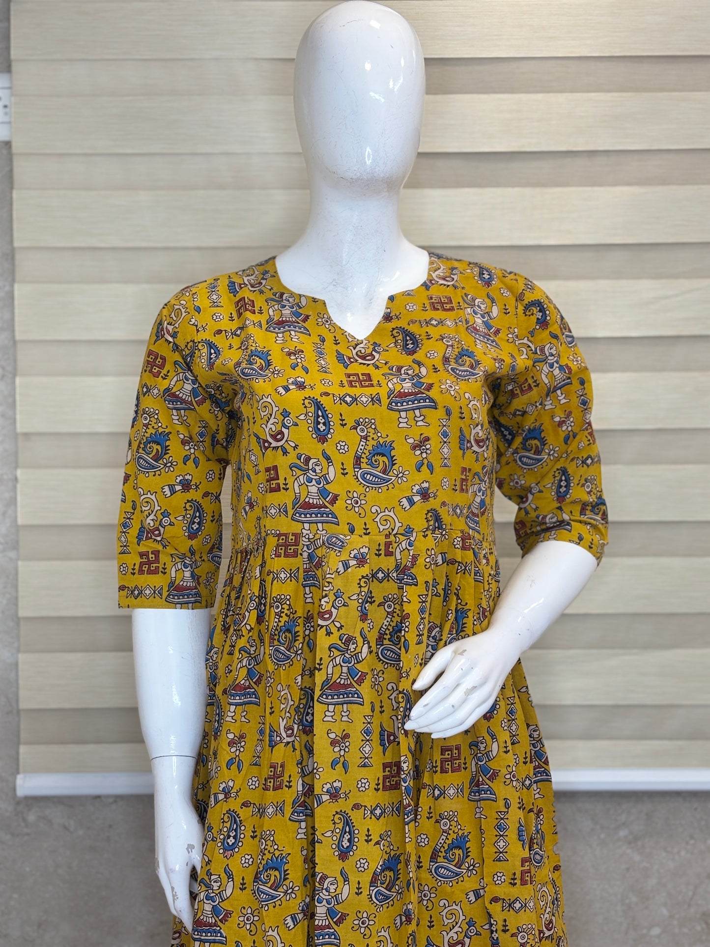 Mul Cotton Fabric Mustard Yellow Folk Art Kalamkari Print Non-Feeding Maternity Maxi