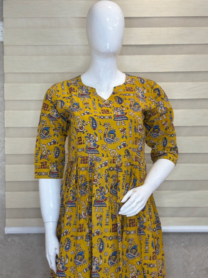 Mul Cotton Fabric Mustard Yellow Folk Art Kalamkari Print Non-Feeding Maternity Maxi