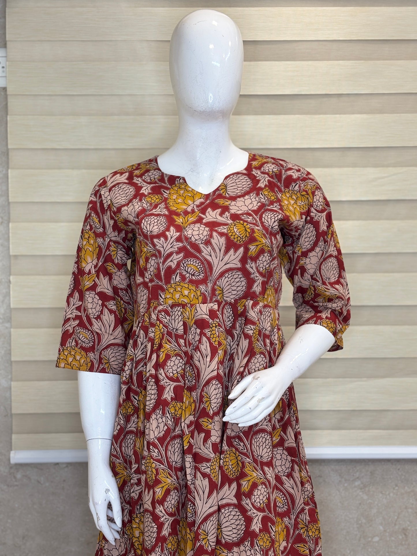 Mul Cotton Fabric Maroon Floral Blossom Print Non Feeding Maxi