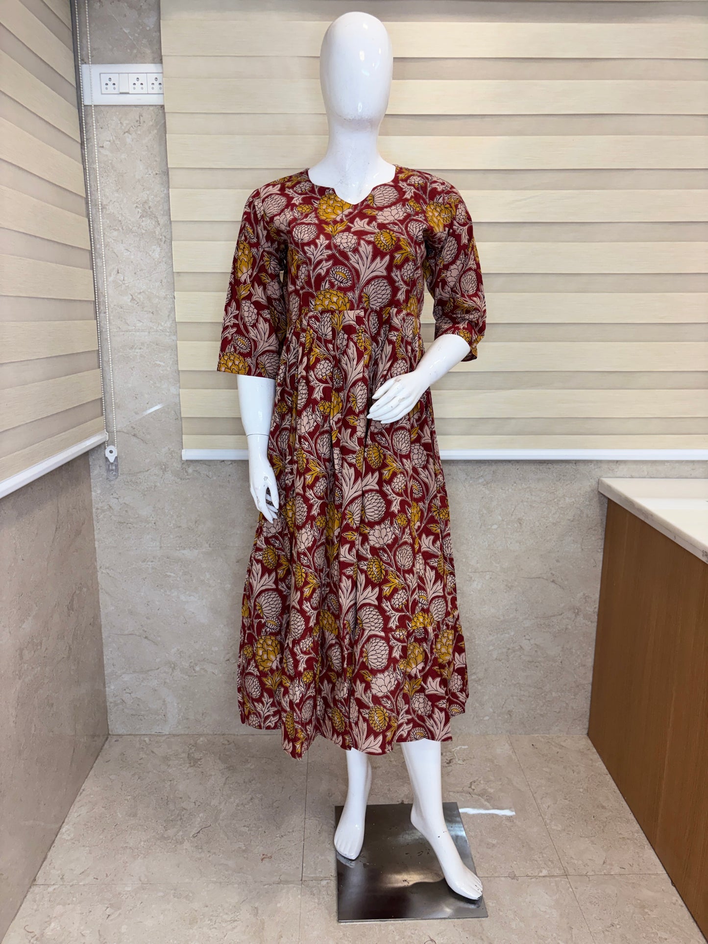 Mul Cotton Fabric Maroon Floral Blossom Print Non Feeding Maxi
