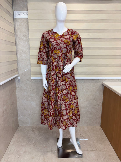 Mul Cotton Fabric Maroon Floral Blossom Print Non Feeding Maxi
