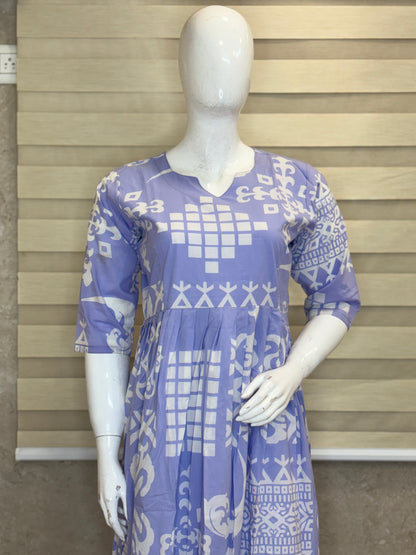 Mul Cotton Fabric Slate Grey Geometric Tribal Print Non-Feeding Maternity Maxi