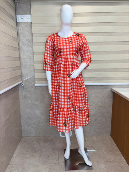 Mul Cotton Fabric Coral Orange Floral Gingham Check Print Non-Feeding Maternity Maxi