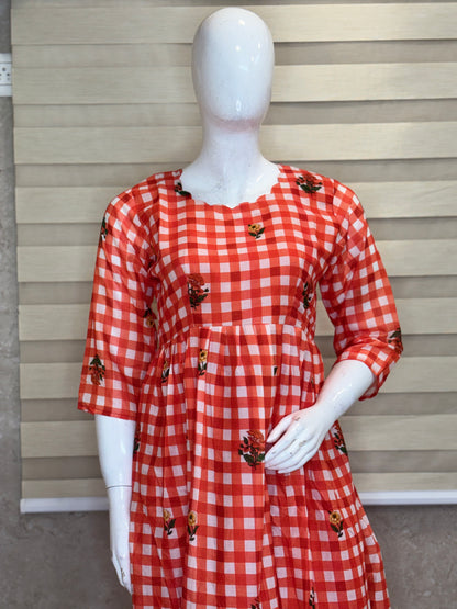 Mul Cotton Fabric Coral Orange Floral Gingham Check Print Non-Feeding Maternity Maxi