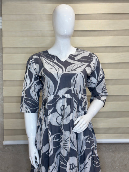 Mul Cotton Fabric Grey Tropical Leaf Print Non Feeding Maxi