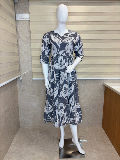 Mul Cotton Fabric Grey Tropical Leaf Print Non Feeding Maxi