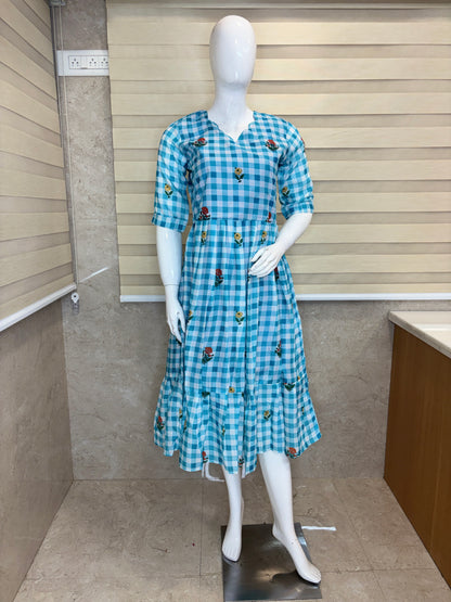 Mul Cotton Fabric Sky Blue Floral Check Print Non-Feeding Maternity Maxi