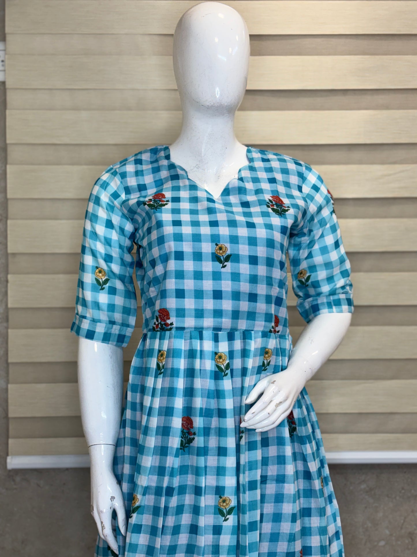 Mul Cotton Fabric Sky Blue Floral Check Print Non-Feeding Maternity Maxi