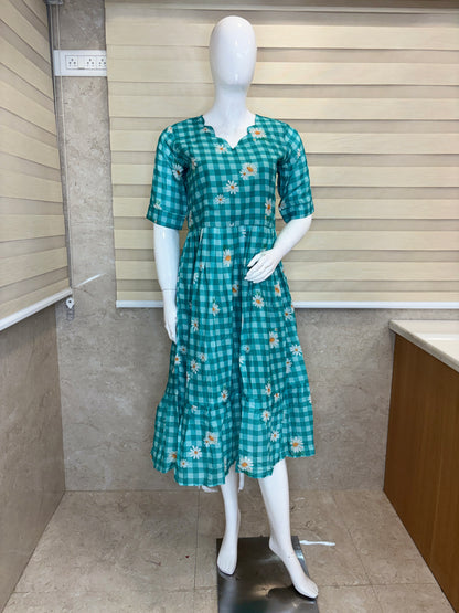Mul Cotton Fabric Aqua Green Flower Check Print Non-Feeding Maternity Maxi