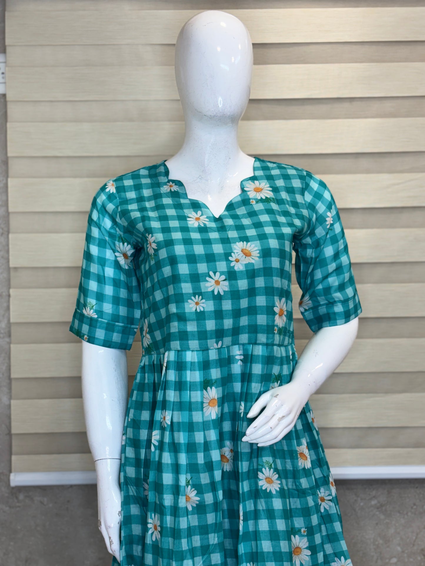 Mul Cotton Fabric Aqua Green Flower Check Print Non-Feeding Maternity Maxi