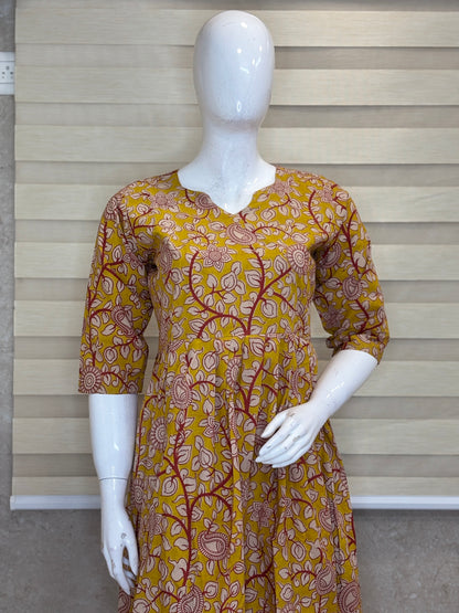 Mul Cotton Fabric Mustard Floral Paisley Print Non Feeding Maxi