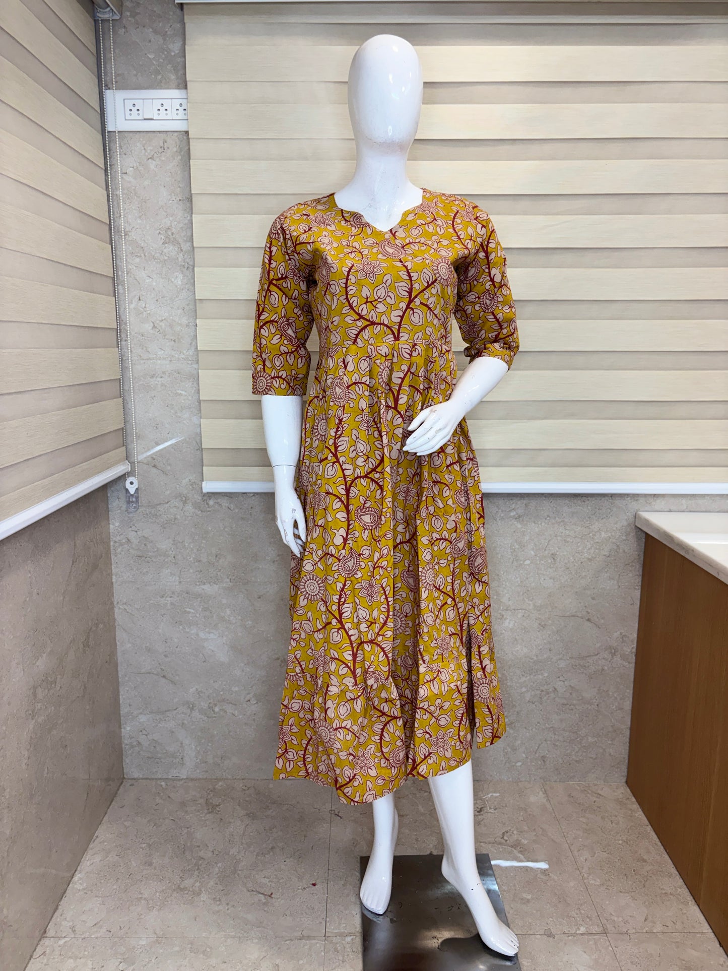 Mul Cotton Fabric Mustard Floral Paisley Print Non Feeding Maxi